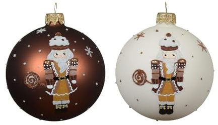 Rebecca Mobili Bolas de Navidad, adornos para árbol, 2 unidades, cristal, blanco marrón, decoración de Navidad para el hogar, acabado mate, estilo vintage – Diámetro: 8 cm – Art. HA2038