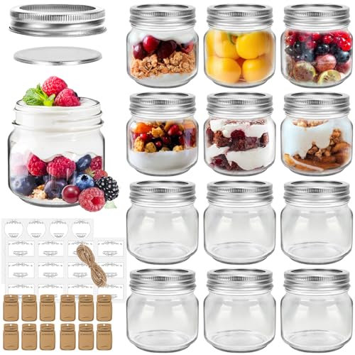 HYCKee Mason Jars 240ml with Regular Lids, 12 Pack 8 Oz Glass Canning Jar With Labels Tags, Mini Oats Jars for Jam Jelly Spice Honey Herbs, Wedding Shower Favors Glass Food Storage Candle Jars