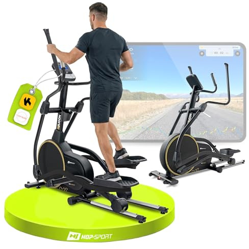 HOP-Sport® Vélo elliptique d'appartement HS-250CF Jucon, Résistance magnétique à 32 Niveaux, Roue d'inertie de 24 kg, 12 programmes, Application Kinomap, Écran LCD, Capacité de Charge 150 kg, Doré