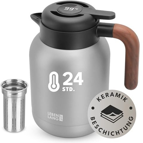 LEBENLANG Thermoskanne 1,5L Keramikbeschichtung - 24h Heiß Inkl. Touch Display & Teesieb I Kaffeekanne Kaffee & Teekanne mit Siebeinsatz I Thermo Isolierkanne Tee Termoskakanne Thermoskannen 1 5 Liter
