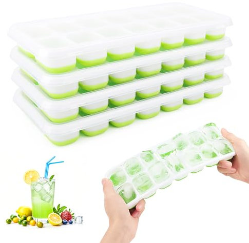 4 Pezzi Stampo Cubetti di Ghiaccio con Coperchio, RISVOWO Formine Cubi Ghiaccio Riutilizzabili, Silicone Stampi Ghiaccio, Impilabili Porta Ghiaccio, Ice Cube Tray per Cocktail Succo Whisky (Verde)