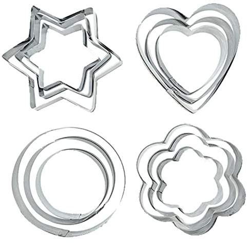Juego de 12 moldes de acero inoxidable, moldes para fondant, cortadores de galletas, cortadores de galletas, galletas, Navidad, accesorios para hornear, estrella, redondo, corazón, flores, geometría