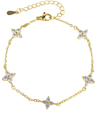 MUNSKT Bracelet Trèfle à Quatre Feuilles en Or Blanc Bracelet en Or Avec Fleurs en Zircone Cubique Bracelets pour Femme Empilable