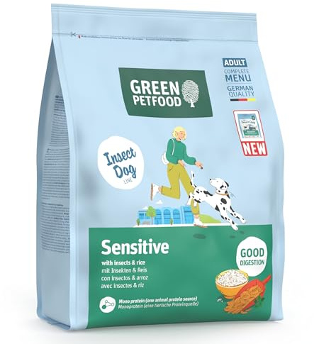 Green Petfood InsectDog Sensitive con insetti e riso (1 x 900 g) | Adult | Cibo secco di alta qualità per cani sensibili adulti | Insetti come unica proteina animale | Senza grano | Confezione da 1