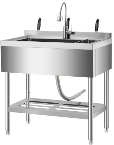 35 Freestanding Stainless Steel Utility Sink with 360° Swivel Faucet, Adjustable Height Laundry Tub with Basket, Storage Shelf & Drain Kit for Kitchen, Garage, Garden, or Outdoor Cleaning Station