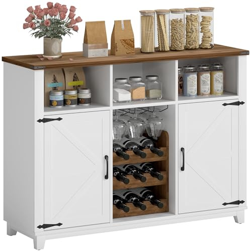 HOMCOM Aparador de Cocina con Botellero, Aparador con 2 Puertas de Granero, Estantes Ajustables y Soporte para Copas, para 9 Botellas, Buffet Auxiliar de Cocina para Comedor, Salón 120x37x88 cm Blanco