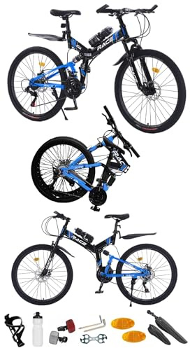 24, 26”, 27.5 Inch Mountain Bike, Foldable Adult & Teenager Bicycle, City Bike, Commuter Cycle, Unisex Men & Women MTB, Dual Suspension, Dual Disc Brake,19 KG Lightweight, 21 Speed, Blue (26 Inch)