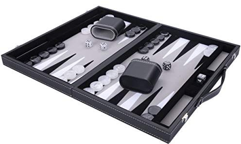 Engelhart - 250506 - Luxus Backgammon - Grau - 38 cm - 15 Zoll - Kunstleder - Filzeinlage - Perlmutt-Würfel und Spielsteine + 2 Becher - Strategie - Backgammon-Spiel