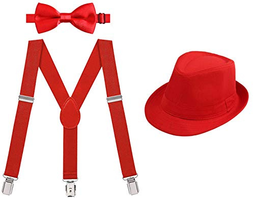 Juego 3 de Tirantes Elásticos Pajaritas Ajustables y Sombrero de Copa para Niños Adultos Fiesta Carnaval (Rojo, Pack niño/sombrero 52cm)