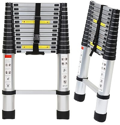 Tubiaz Escalera telescópica de Aluminio de 3,8 m, Interruptor de Seguridad multietapa, portátil, Antideslizante, Multiusos, Carga máxima 150 kg