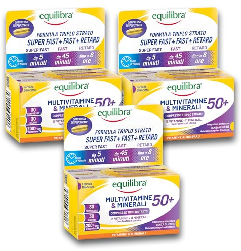 Equilibra Integratori Alimentari, Multivitamine & Minerali 50+, Integratore Formula Potenziata, per Energia, Sostegno, Funzioni Cognitive, 3 Pezzi da 30 Compresse Triplo Strato a Rilascio Graduale