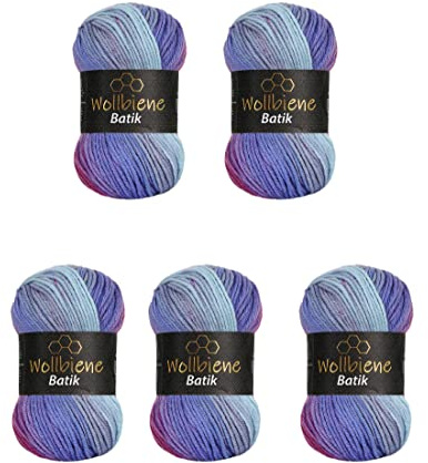 5 x 100g Wollbiene Batik 500 Gramm Wolle mit Farbverlauf mehrfarbig Multicolor Strickwolle Häkelwolle (2000 beere lila)