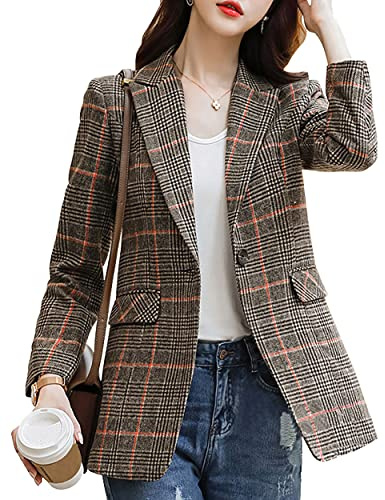 ebossy Dam Notch Lapel 2 Knappar Pojkvän Blazer Kostym Hundtand Rutig Jacka, Z khaki, XXL