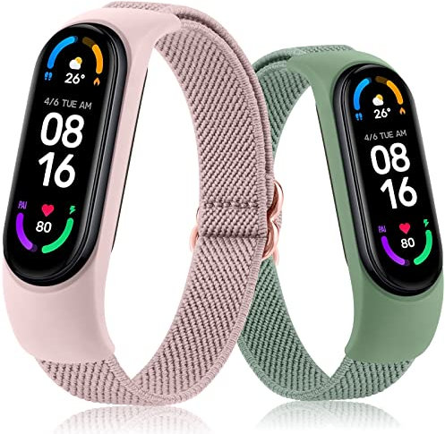 AK Armband Kompatibel mit Xiaomi Mi Band 6 / 4 / 3 / Amazfit Band 5, Nylon Elastisch Sport Uhrenarmband (Rosa+Grün)