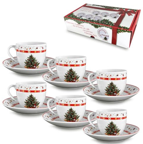 ARCA, Set di 6 Tazze da caffè con Piattino in Porcellana, per 6 Persone, con Decorazione Natalizia, Resistenti e Durature, Ideali per la Tavola, Idea Regalo di Natale, 4,5x5,5 cm