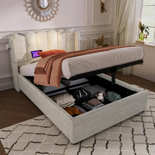 FEZTOY 90x200 Polsterbett Hydraulik Stauraumbett, Einzelbett mit Schubladen, Kopfteil mit Leselicht und Ladefunktion, Bettgestell Jugendbett, Linen, Beige, Ohne Matratze