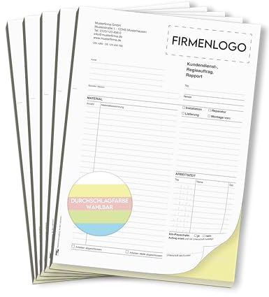 ORGASET Regiebericht/Rapport | personalisierbar mit Logo und Anschrift | DIN A4 | 2-fach oder 3-fach selbstdurchschreibend | 5x Durchschreibeblock mit je 50 Sätzen