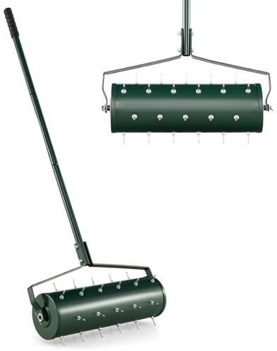 GiantexUK Outdoor Lawn Aerator, Heavy Duty 43/53cm Manual Grass Roller with Sand Filled Drum & 130cm Detachable Handle, Rolling Garden Lawn Spikes Tool for Soil Grass (53x14x130cm, Green)