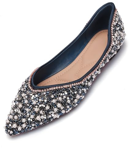 QXCXINGDY - Scarpe basse da donna con strass, punta affusolata, perla diamante, tacco basso, scarpe basse da cerimonia, da lavoro, da ballo, Blu, 36 EU