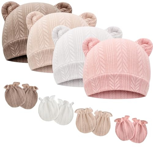BQUBO Newborn Baby Hats Bear Ears and Mittens Sets Preemie Cute Caps Baby Boy Girl Infant Hospital Beanie for 0-3 Months