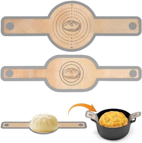 2 pièces Élingue à pain en silicone pour four hollandais Tapis de cuisson en silicone Tapis de cuisson antiadhésif réutilisable avec longue poignée pour transférer le levain Rond + ovale, gris foncé