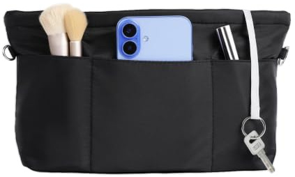 Cozary Organisateur de sac moyen M - Pochette intérieure pour sac à main en nylon, rangeur avec chaîne à clé, 6 poches extérieures & 6 compartiments, 26x10x14 cm, Noir