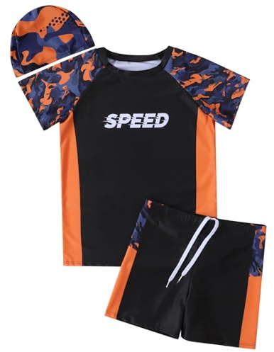 Hotfiary Boys Swimming Costume, Big Kids Swim Trunks & Short Sleeve Rash Guard Shirt & Swim Cap, Two Piece Swimsuit T-Shirt Short Set, Summer Bathing Suit Swimwear for 6 7 8 9 10 11 12 13 14 15 Years