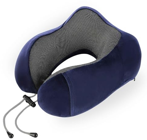 Almohada de Viaje para Cuello. Cojín Cervical de Espuma Viscoelástica para Avión, Coche. Almohada de Cuello Ergonómica Ajustable y Suave para Dormir, con Bolsillo para Móvil y Funda Lavable.