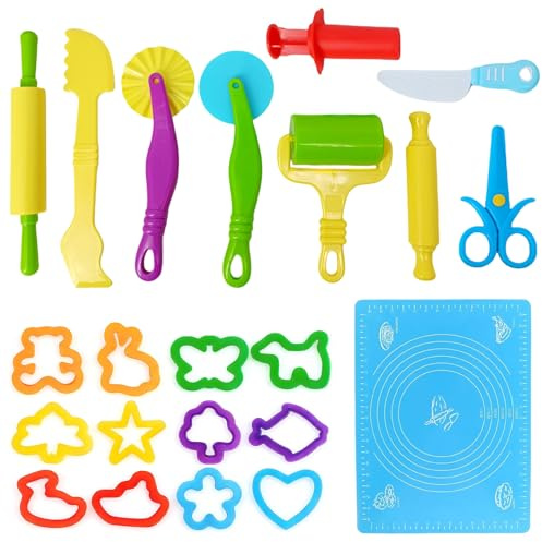 QingWing 22 Stück Knetwerkzeug Knete Zubehör, knetzubehör mit Silikonmatte, Nudelholz, Ausstechformen, knete Zubehör Play Doh, Mehrfarbig Pädagogisches Spielzeug, knetzubehör ab 3 Jahre
