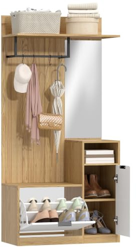 HOMCOM Perchero Zapatero, Perchero Entrada Recibidor con Zapatero, Espejo, Armario, Estantes Abiertos y 4 Ganchos, Estilo Moderno, para Pasillo Dormitorio, 80x36x168 cm, Roble