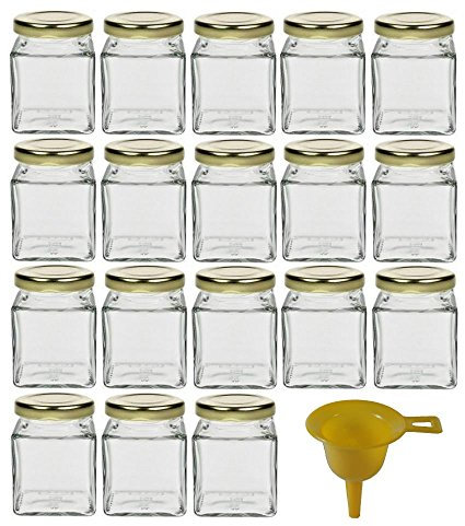 18 kleine Marmeladengläser für 106ml / für Konfitüre, Gewürze, Salze, Öle - inkl. einem gelben Einfülltrichter