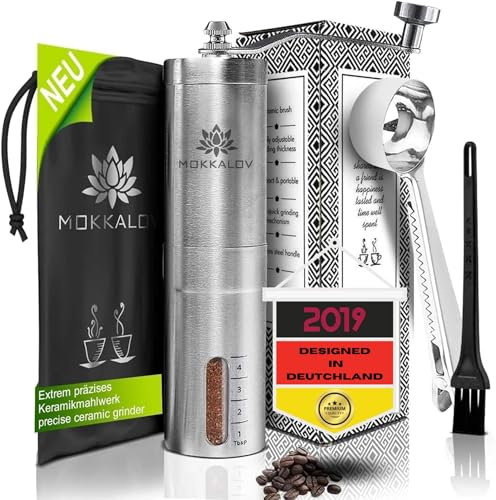 LÖWENKÖNIG® MOKKALOV Edition - Kaffeemühle manuell mit Keramik-Kegelmahlwerk I Kaffeemühle Hand - Handmühle aus Edelstahl I Präzise Mahlgradeinstellung stufenlos I Manuelle Kaffeemühle Keramikmahlwerk