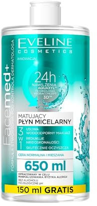 Eveline Cosmetics Facemed+ Mattierende Mizellenwasser 650 ML - 3-in-1 Reiniger für Wasserfestes Make-up, Sebum Kontrolle und Porenminimierung
