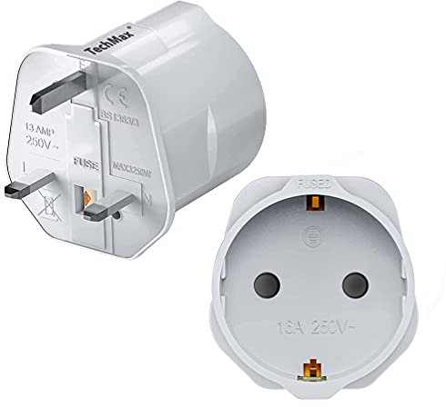 TechMax European to UK Plug Adaptor Pack of 2 - Schuko 2 Pin Plug Adaptor to 3 Pin 13amp Fused 250v Grounded Travel Adapter Continental Type C E F To Type G - White