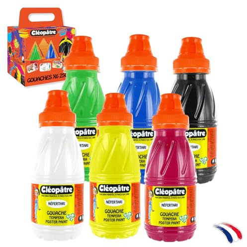 Cléopâtre – Set di 6 bottiglie di vernice a guazzo, 250 ml, colori vivaci, lavabili, scuola e tempo libero creativo per bambini