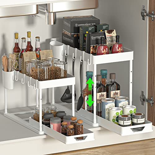 SKYSER Organisateur sous evier Cuisine Rangement sous evier 2 étages, avec 4 Crochets, 8 Coussinets antidérapants et 1 gobelet Suspendu, Organisateur tiroir Cuisine (Blanc, Paquet de 2)