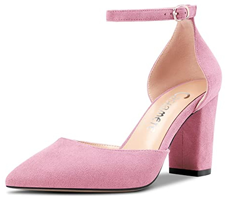 Castamere Femmes Bloc Chunky Haut High Talon Heel Pointu Bout Escarpins Lanières Cheville Boucle Mariage Party Sexy 8.5 CM Heels Rose 43 EU
