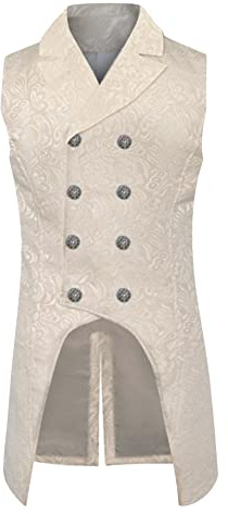 YMING Hommes Gilet Paisley Mode Costume Long Casual Gilet Double Boutonnage Gothique Steampunk Bouton Blanc L
