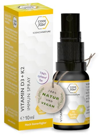 CODE VITAL® Vitamin D3+K2 IMMUN Booster Spray I 5000 IE | An deutschen Universitäten entwickelt | Booster-Spray über die Mundschleimhaut | 100% Natur I für 70 Wochen | 10ml