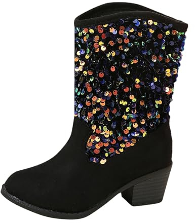 Kids Sequin Western Cowboy Booties Fashionable Mid Heel High Heel Girls Ankle Boots Girls Size 13 Dress Shoes Ankle Boots for Kids