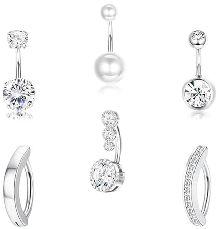CocCCoon 6PCS Silver Belly Button Rings 14G Navel Bars for Women Girls Clicker