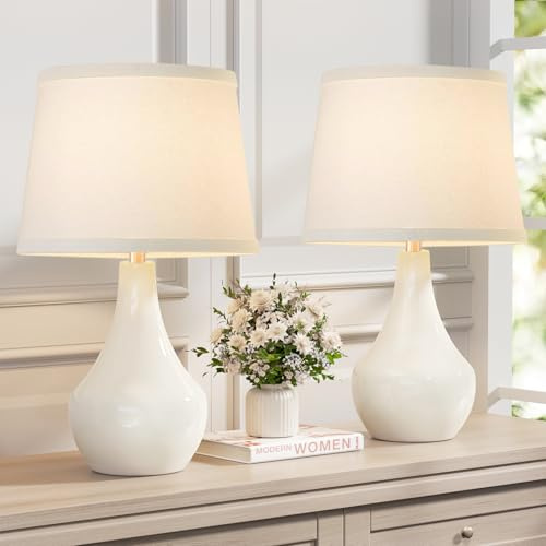 Seealle Modern Ceramic Table Lamps for Night Stands - Bedside Lamps Set of 2 for Nightstand, 19.4 White Bedroom Lamp for Living Room Cute Desk End Table Office Guest Room Dresser Rocker Swtich