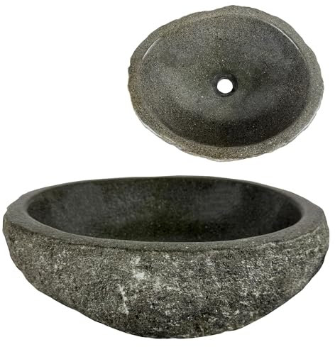 Lendo Online Lavabo Ovale en Pierre de Rivière - Pierre Naturelle - Évier de salle de bain - Vasque à Poser de Toilette - Brillant - Lave-mains moderne (Gris, 40-45x30-35cm)