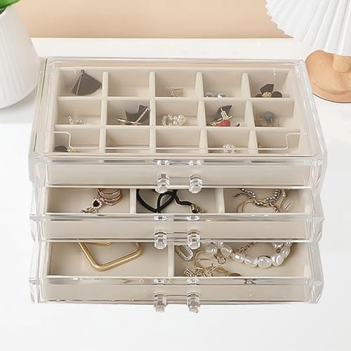 Jinavoty Organizer per gioielli in acrilico con vassoi di velluto, organizzatore trasparente per donne, organizzatore di gioielli per orecchini, bracciale (beige, 3 drawer)