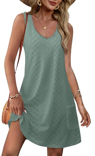 Aokosor Womens Dresses Summer Dresses for Women UK 2025 Loose V Neck Sleeveless Sundress Beach Ladies Coverup Dresses for Women with Pockets Size 14-16 C Eyelet Green