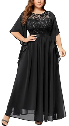 MISSMAY Women's Plus Size Elegant Butterfly Sleeve Chiffon Sequin Lace Bodice Evening Party Long Dress