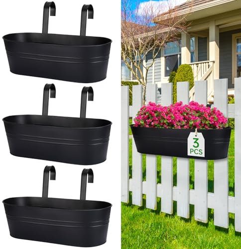 OGIMA Railing Planter Box, 3 Pack 40cm Large Hanging Planters for Outdoor Plants with Adjustable Wide Hooks for 7cm Railings, Balcony Planters Railing Hanging for Deck, Fence & Patio Decor