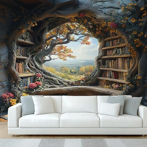 Generisch Tapete Bücherregal Wohnzimmer Schlafzimmer, Fototapete Fantasy Bibliothek Buch Baum Wand Deko, Wallpaper, Wandtapete, Mustertapete, vliestapete, 200 x 140 cm W&Q