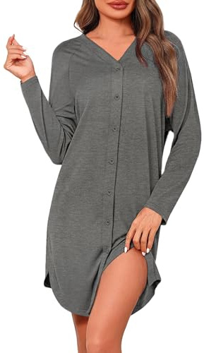Chemise de Nuit Femme Coton Robe Maternité Allaitement Boutonnée Devant Gris