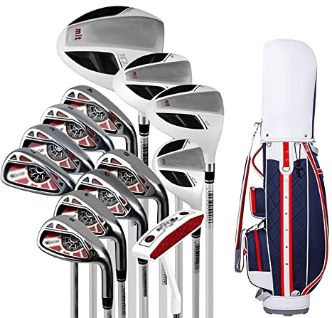 Komplett golfpaket, herrgolfklubba med kolfiberskaft, herr 13-delar inklusive driver, fairway, hybrid, järnklubba, putter, vertikal bag